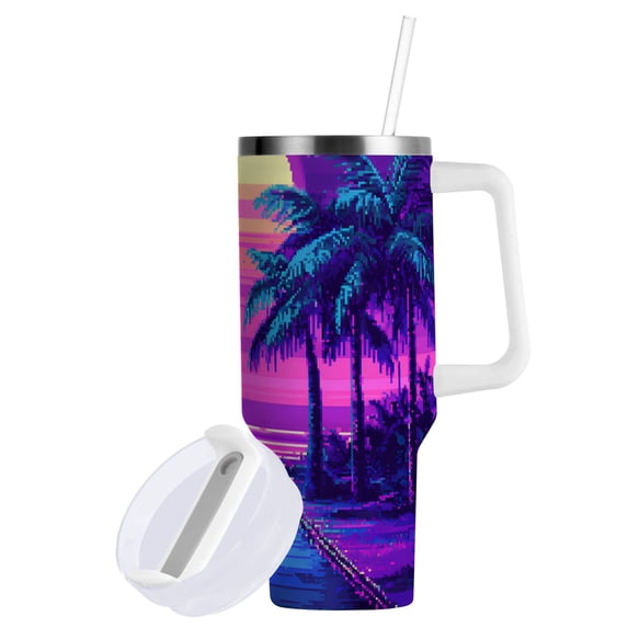 Yayeee 40oz Stainless Steel Tumbler with Straw and Handle Double-Wall Insulated Travel Water Bottle, Purple Digital Art