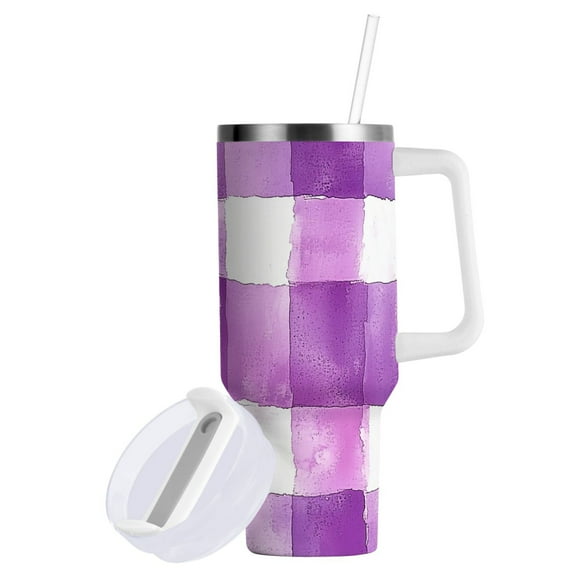 Yayeee 40oz Double-Wall Insulated Stainless Steel Tumbler with Handle Bottle, Purple and White Pattern