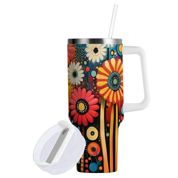 Yayeee 40oz Double-Wall Insulated Stainless Steel Tumbler with Handle Bottle, Red Colorful Flowers with Dots