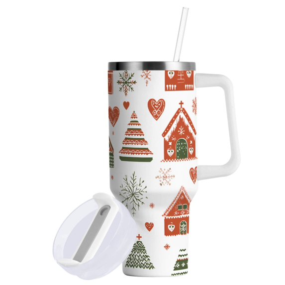 Yayeee 40oz Double-Wall Insulated Stainless Steel Tumbler with Handle Bottle, Red Nordic Christmas