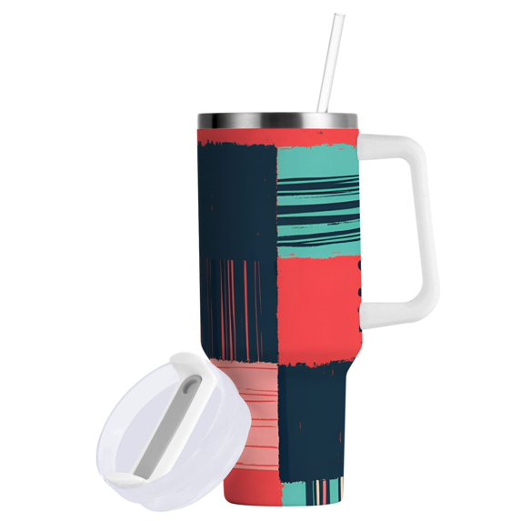 Yayeee 40oz Double-Wall Insulated Stainless Steel Tumbler with Handle Bottle, Red Teal Plaid