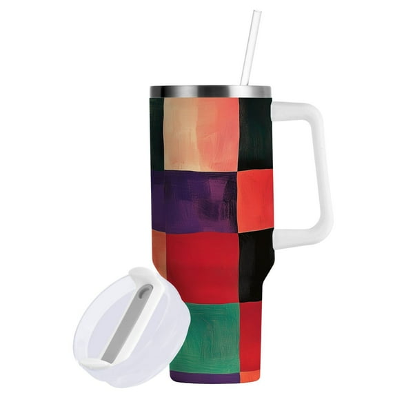 Yayeee 40oz Double-Wall Insulated Stainless Steel Tumbler with Handle Bottle, Red and Purple Plaid Pattern