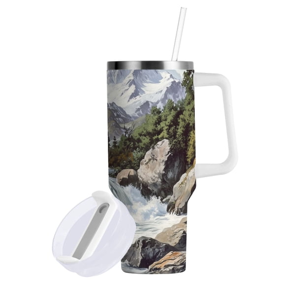 Yayeee 40oz Stainless Steel Tumbler with Straw and Handle Double-Wall Insulated Travel Water Bottle, River and Mountains