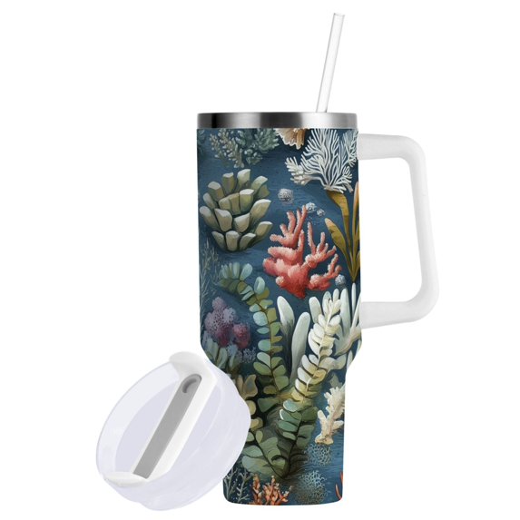 Yayeee 40oz Double-Wall Insulated Stainless Steel Tumbler with Handle Bottle, Sea Plants Pattern