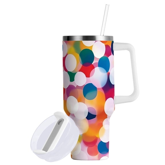 Yayeee 40oz Stainless Steel Tumbler with Straw and Handle Double-Wall Insulated Travel Water Bottle, White Colorful Circles