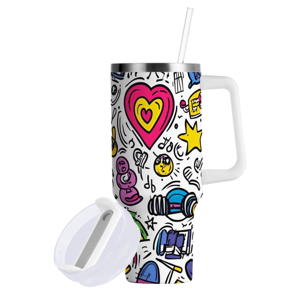 Yayeee 40oz Stainless Steel Tumbler with Straw and Handle Double-Wall Insulated Travel Water Bottle, White Doodle Pattern