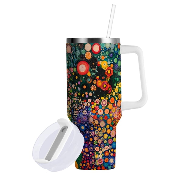Yayeee 40oz Stainless Steel Tumbler with Straw and Handle Double-Wall Insulated Travel Water Bottle, White Floral Garden