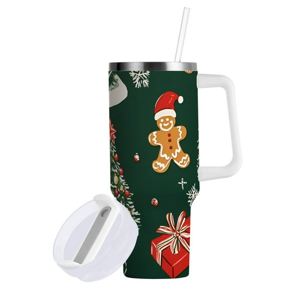 Yayeee 40oz Double-Wall Insulated Stainless Steel Tumbler with Handle Bottle, Yellow Christmas Gingerbread