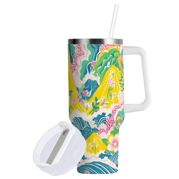 Yayeee 40oz Double-Wall Insulated Stainless Steel Tumbler with Handle Bottle, Yellow Mountains