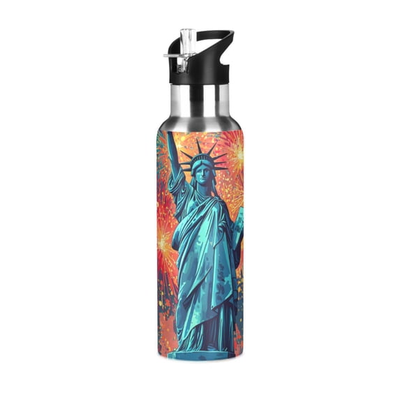 Yayeee 20oz Insulated Water Bottle Double Wall Stainless Steel with Flip Straw Lid, American Fireworks Pattern