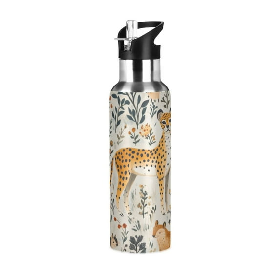 Yayeee 20oz Double Wall Stainless Steel Water Bottle with Flip Straw, Animals in A Forest Pattern