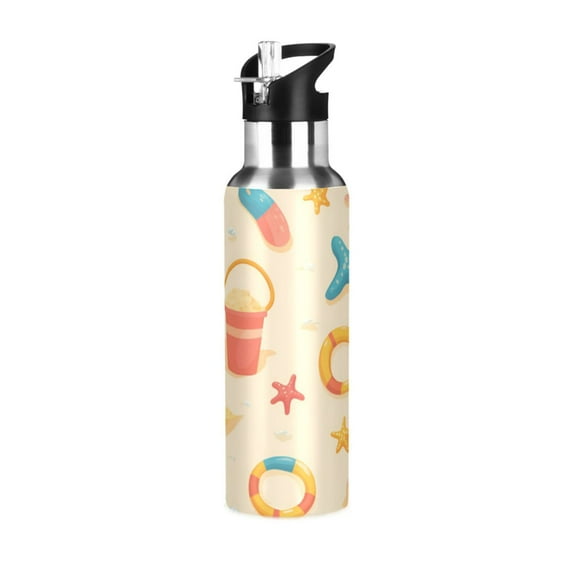 Yayeee 20oz Double Wall Stainless Steel Water Bottle with Flip Straw, Beach Pattern