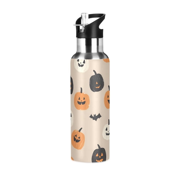 Yayeee 20oz Insulated Water Bottle Double Wall Stainless Steel with Flip Straw Lid, Beige Halloween Pumpkin