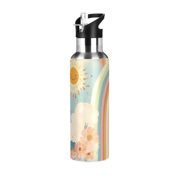 Yayeee 20oz Double Wall Stainless Steel Water Bottle with Flip Straw, Beige Rainbow Clouds