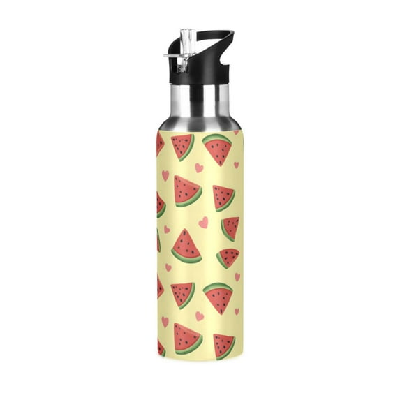 Yayeee 20oz Double Wall Stainless Steel Water Bottle with Flip Straw, Beige Watermelon Pattern