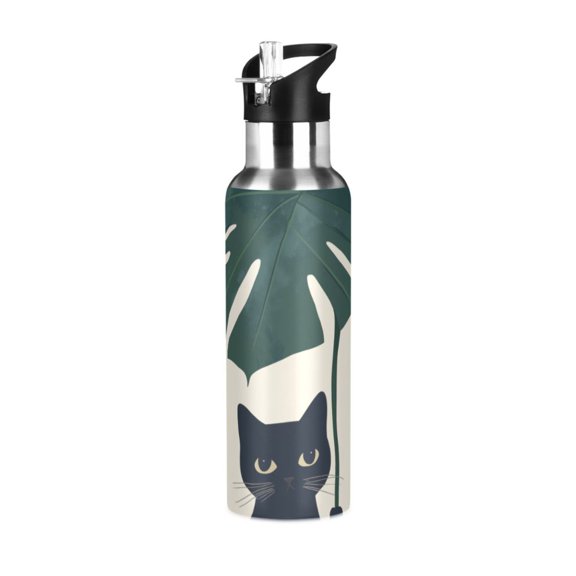 Yayeee 20oz Double Wall Stainless Steel Water Bottle with Flip Straw, Black Cat Plants