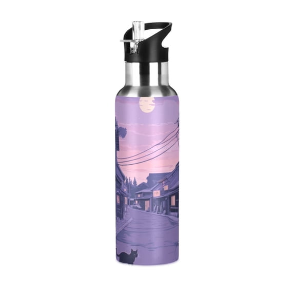 Yayeee 20oz Insulated Water Bottle Double Wall Stainless Steel with Flip Straw Lid, Black Cat Walking
