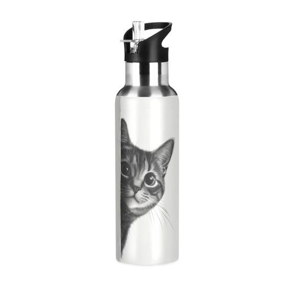 Yayeee 20oz Double Wall Stainless Steel Water Bottle with Flip Straw, Black Cute Cat