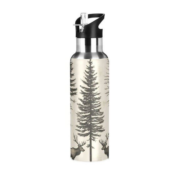 Yayeee 20oz Double Wall Stainless Steel Water Bottle with Flip Straw, Black Deer