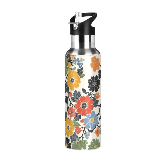 Yayeee 20oz Insulated Water Bottle Double Wall Stainless Steel with Flip Straw Lid, Black Flowers Pattern