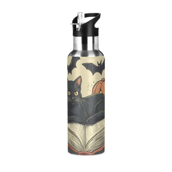 Yayeee 20oz Double Wall Stainless Steel Water Bottle with Flip Straw, Black Halloween Cat