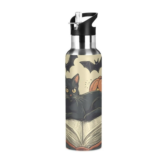 Yayeee 20oz Double Wall Stainless Steel Water Bottle with Flip Straw, Black Halloween Cat
