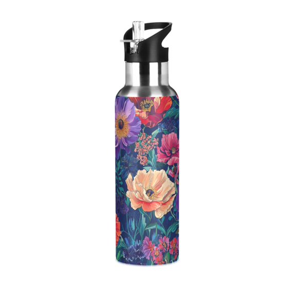 Yayeee 20oz Double Wall Stainless Steel Water Bottle with Flip Straw, Blooming Flowers Pattern