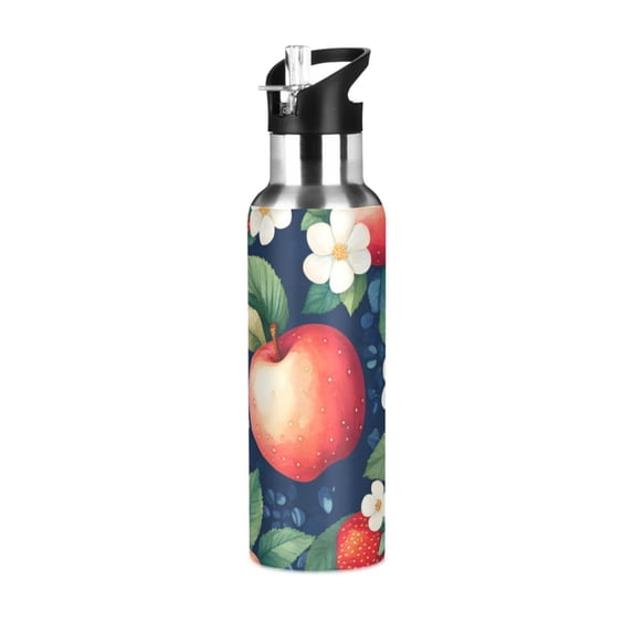 Yayeee 20oz Double Wall Stainless Steel Water Bottle with Flip Straw, Blue Apple Pattern
