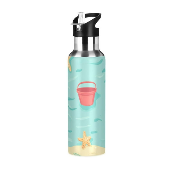 Yayeee 20oz Double Wall Stainless Steel Water Bottle with Flip Straw, Blue Beach Pattern