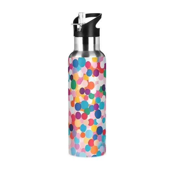 Yayeee 20oz Double Wall Stainless Steel Water Bottle with Flip Straw, Blue Colorful Circles