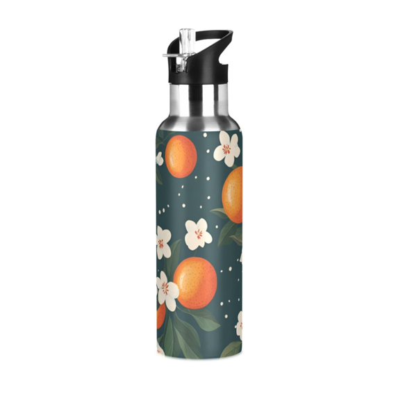 Yayeee 20oz Double Wall Stainless Steel Water Bottle with Flip Straw, Blue Floral Oranges