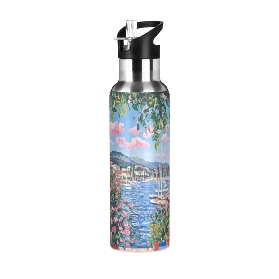 Yayeee 20oz Insulated Water Bottle Double Wall Stainless Steel with Flip Straw Lid, Blue Floral Window