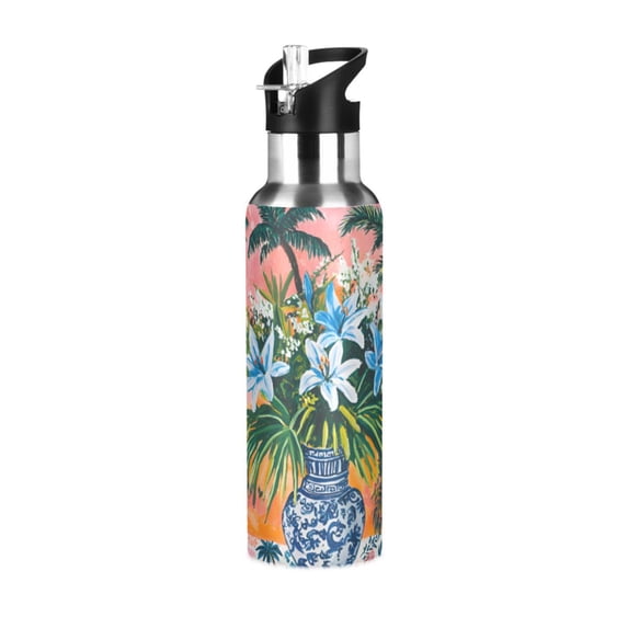 Yayeee 20oz Insulated Water Bottle Double Wall Stainless Steel with Flip Straw Lid, Blue Flowers