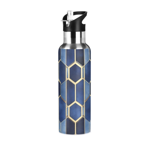 Yayeee 20oz Insulated Water Bottle Double Wall Stainless Steel with Flip Straw Lid, Blue Hexagon Pattern