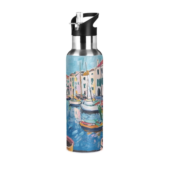 Yayeee 20oz Insulated Water Bottle Double Wall Stainless Steel with Flip Straw Lid, Blue Plants Window