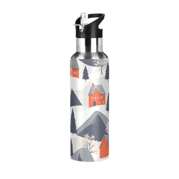 Yayeee 20oz Insulated Water Bottle Double Wall Stainless Steel with Flip Straw Lid, Blue Snow Houses