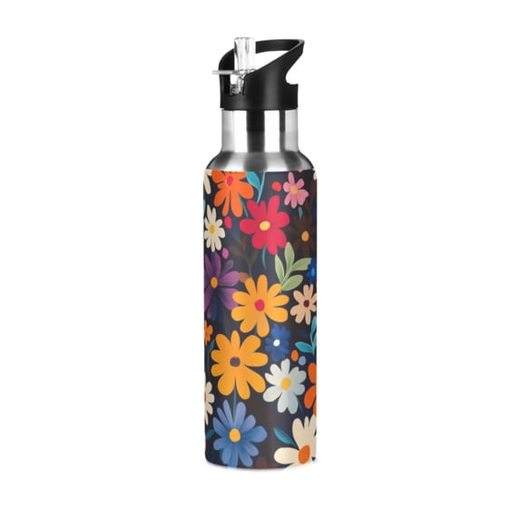 Yayeee 20oz Insulated Water Bottle Double Wall Stainless Steel with Flip Straw Lid, Bright Colorful Flowers Pattern