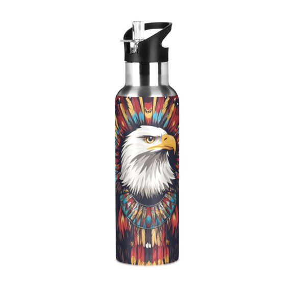 Yayeee 20oz Double Wall Stainless Steel Water Bottle with Flip Straw, Brown Abstract Eagle
