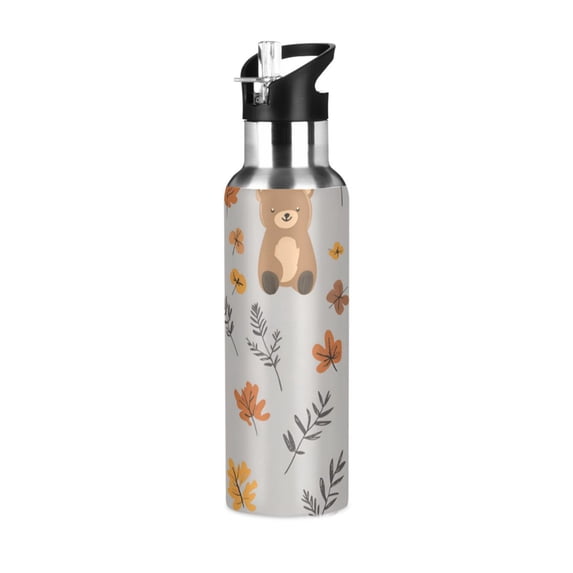 Yayeee 20oz Insulated Water Bottle Double Wall Stainless Steel with Flip Straw Lid, Brown Cartoon Bears