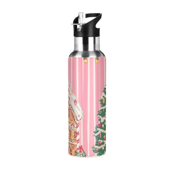 Yayeee 20oz Double Wall Stainless Steel Water Bottle with Flip Straw, Brown Gingerbread House