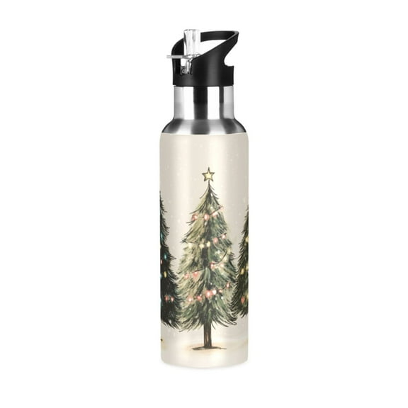 Yayeee 20oz Double Wall Stainless Steel Water Bottle with Flip Straw, Cartoon Christmas Trees
