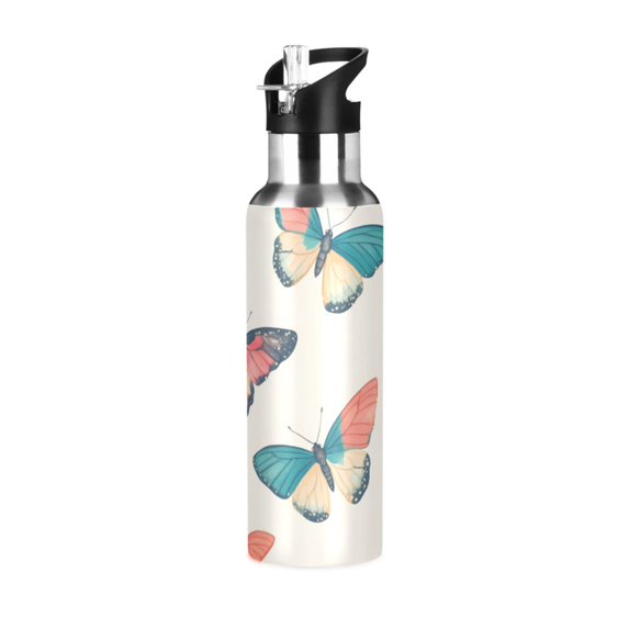 Yayeee 20oz Insulated Water Bottle Double Wall Stainless Steel with Flip Straw Lid, Colorful Butterflies
