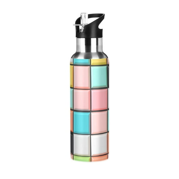Yayeee 20oz Insulated Water Bottle Double Wall Stainless Steel with Flip Straw Lid, Colorful Checkered Pattern