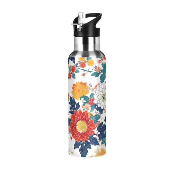 Yayeee 20oz Insulated Water Bottle Double Wall Stainless Steel with Flip Straw Lid, Colorful Flowers Pattern