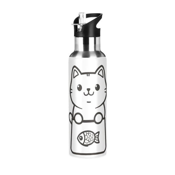 Yayeee 20oz Double Wall Stainless Steel Water Bottle with Flip Straw, Cute Chubby Cat