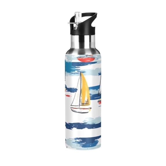 Yayeee 20oz Insulated Water Bottle Double Wall Stainless Steel with Flip Straw Lid, Dark Blue Hand Drawn Sailboats