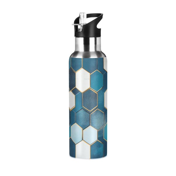 Yayeee 20oz Insulated Water Bottle Double Wall Stainless Steel with Flip Straw Lid, Dark Blue Hexagon Patterns