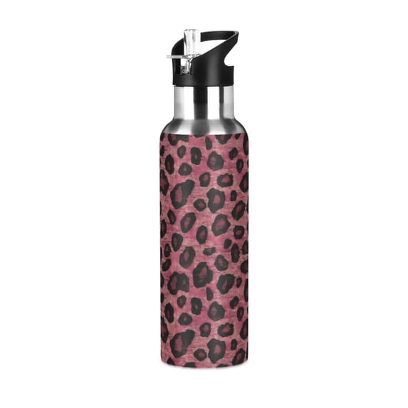 Yayeee 20oz Insulated Water Bottle Double Wall Stainless Steel with Flip Straw Lid, Deep Red Leopard Pattern