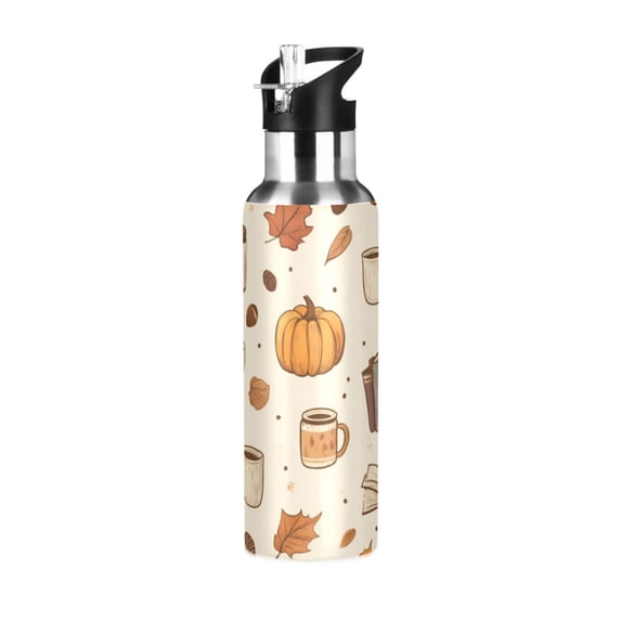Yayeee 20oz Insulated Water Bottle Double Wall Stainless Steel with Flip Straw Lid, Fall Beige Pumpkin