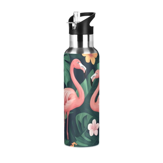 Yayeee 20oz Insulated Water Bottle Double Wall Stainless Steel with Flip Straw Lid, Flamingo Leaves Pattern
